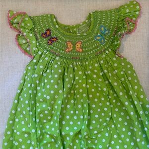 Girls Green Polka Dot Butterfly Smocked Dress